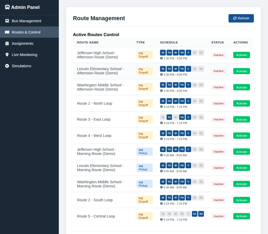 Admin view showing all buses, routes, and stops