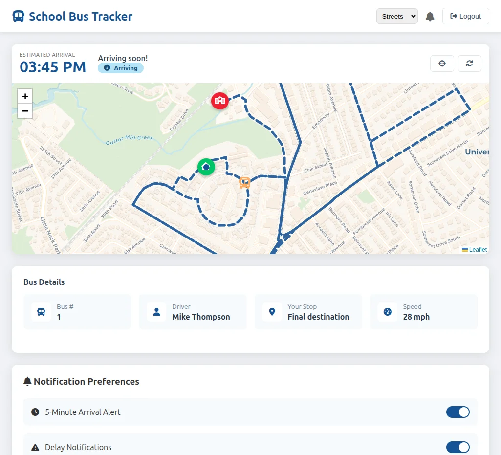 SafeBusTracker parent view showing real-time bus location on map
